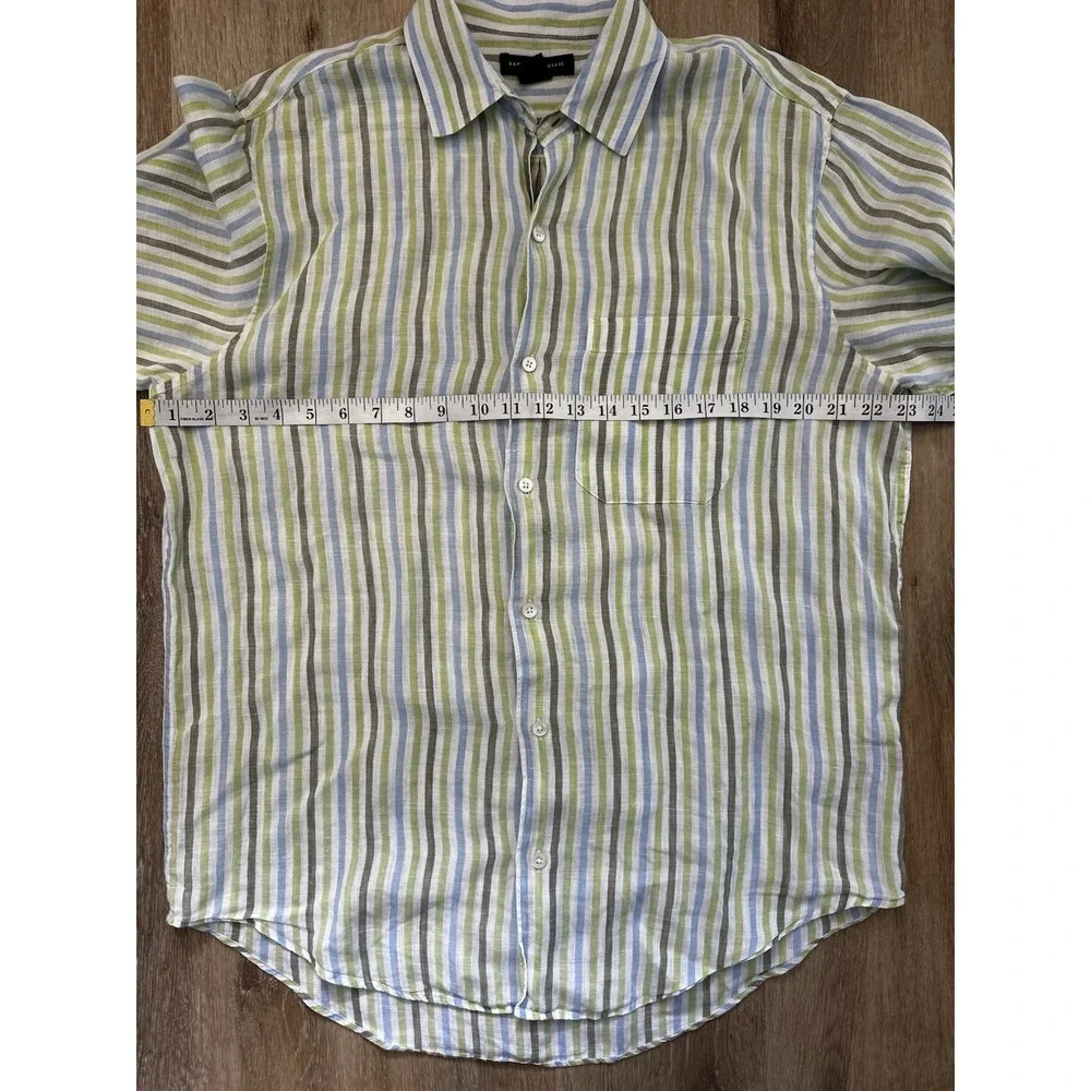 Banana Republic Linen Shirt Mens M Green Blue Stripe Button‎ Up Casual